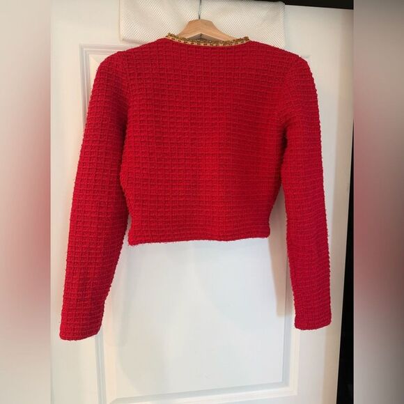 NWOT SELF-PORTRAIT BEAD-EMBELLISHED WAFFLE-KNIT V NECK TWEED CARDIGAN - RED - Picture 14 of 14